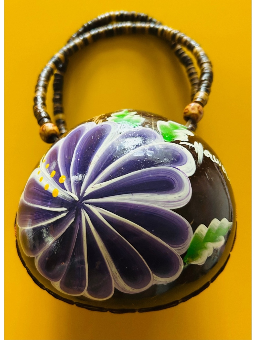 Vtg Hawaiian Coconut Shell Purse Hand Painted Purple Flower Beaded Handle